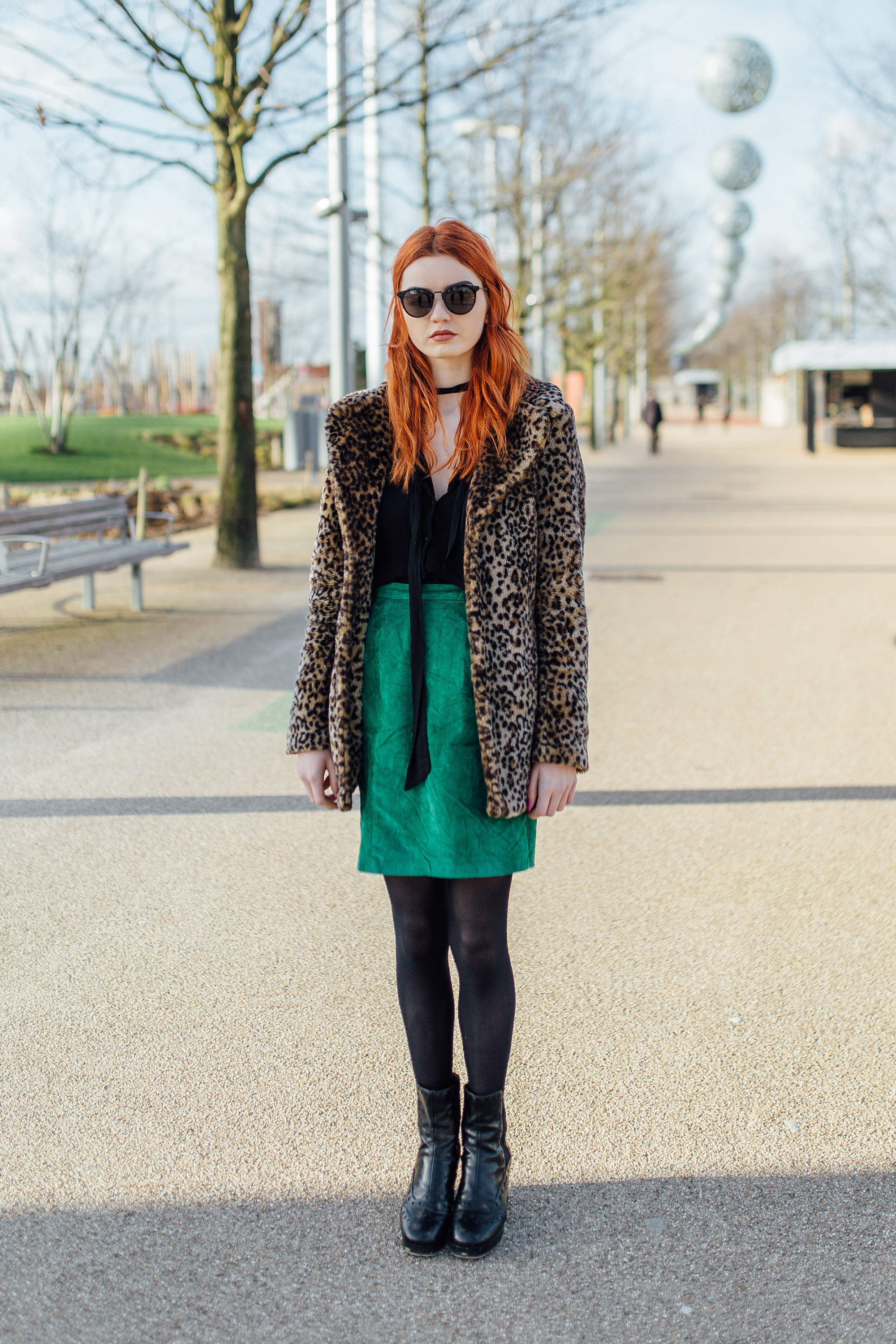 green suede skirt leopard print faux fur coat
