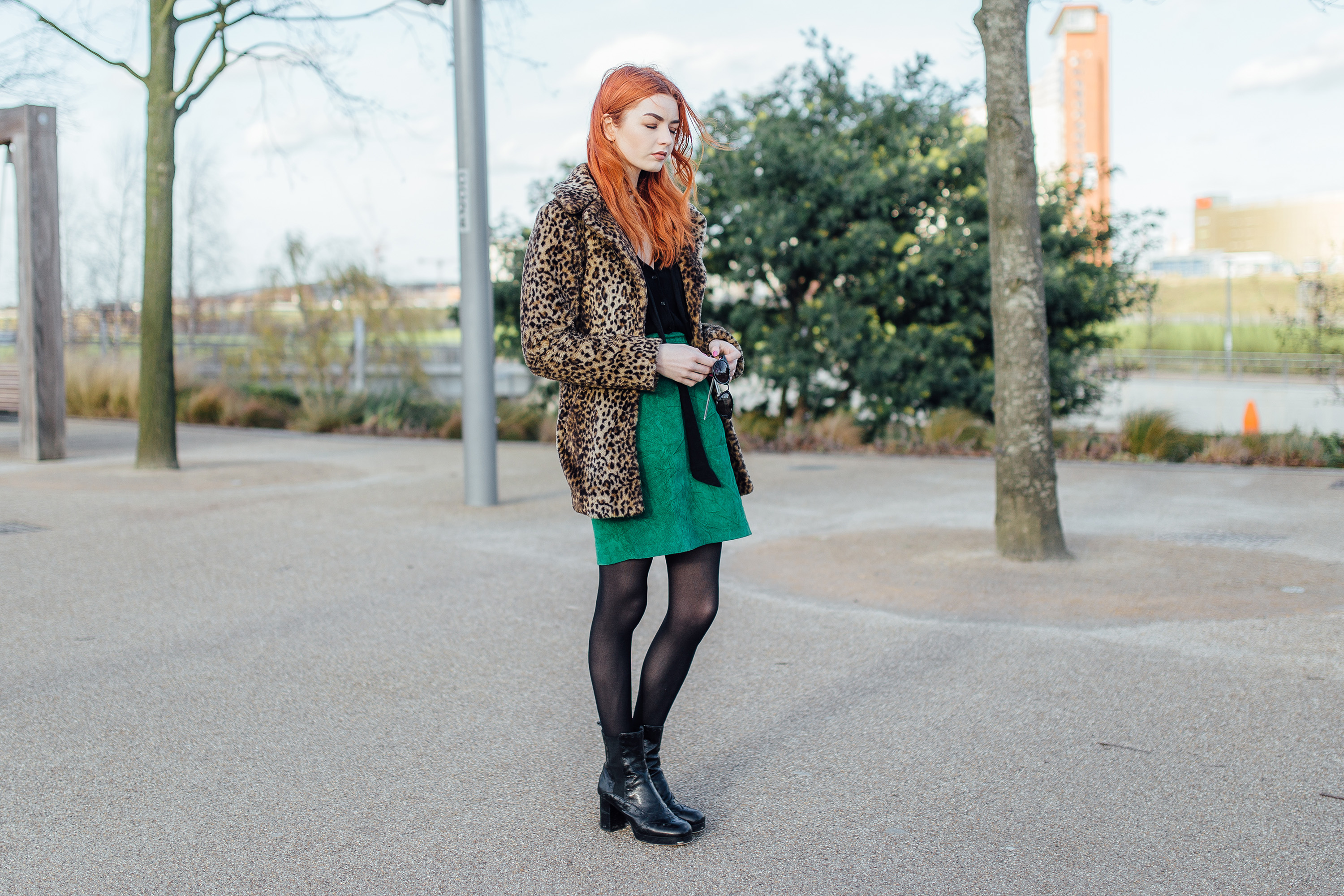 green suede skirt leopard print faux fur coat
