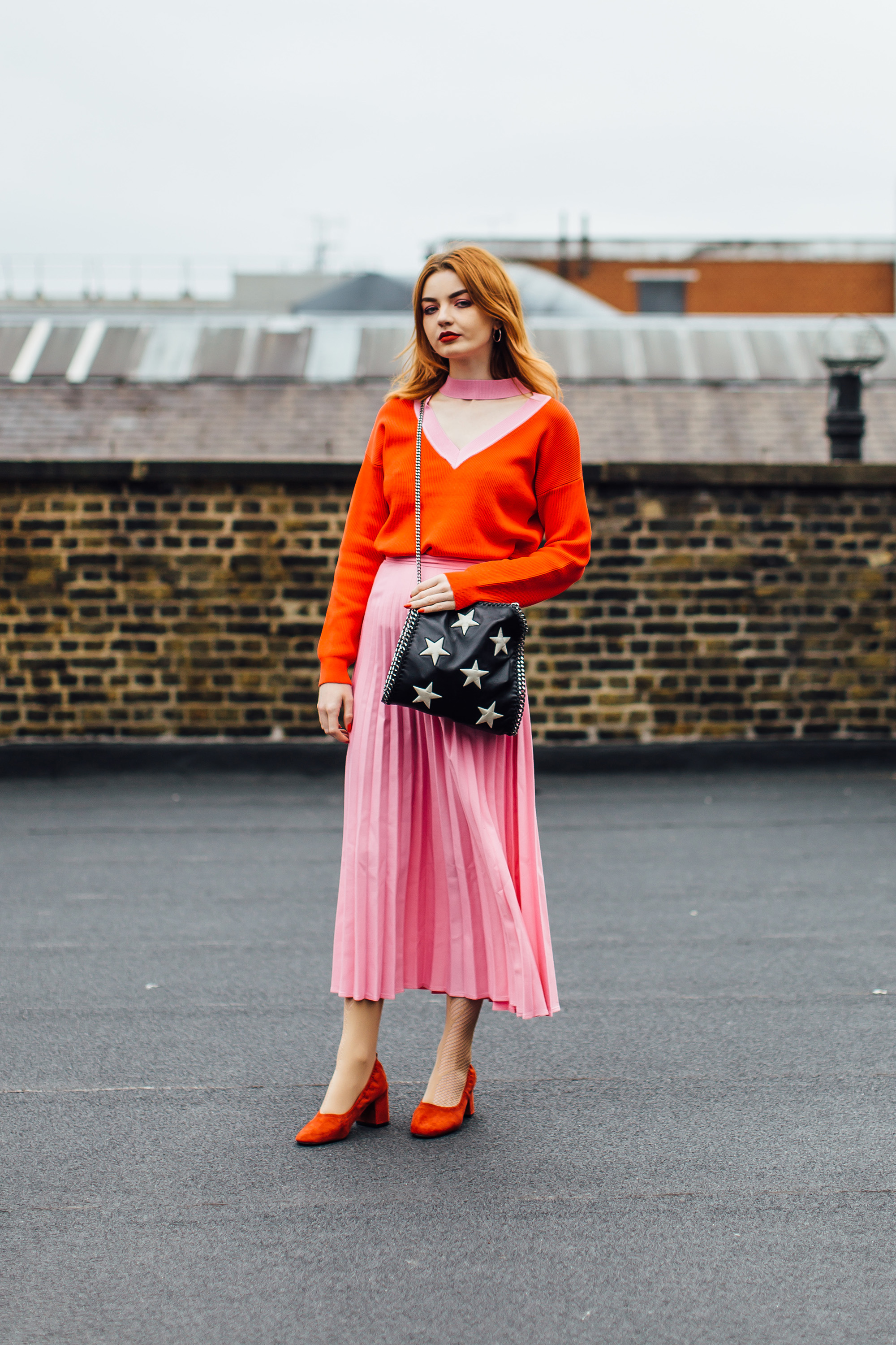 pink-pleated-maxi-skirt-red-jumper